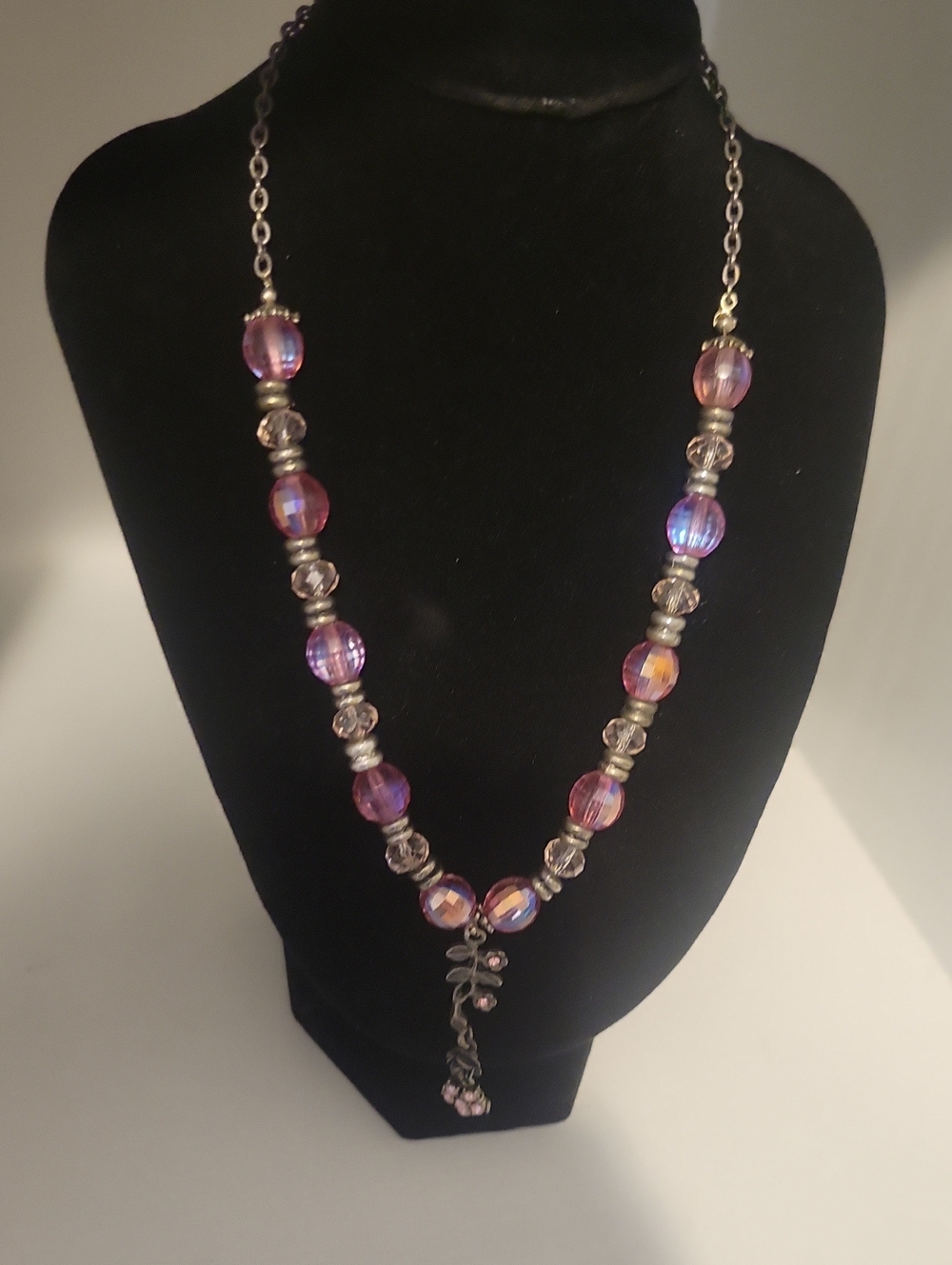 Iridescent Purple Pink Beaded Necklace with Silver metal bead Accents